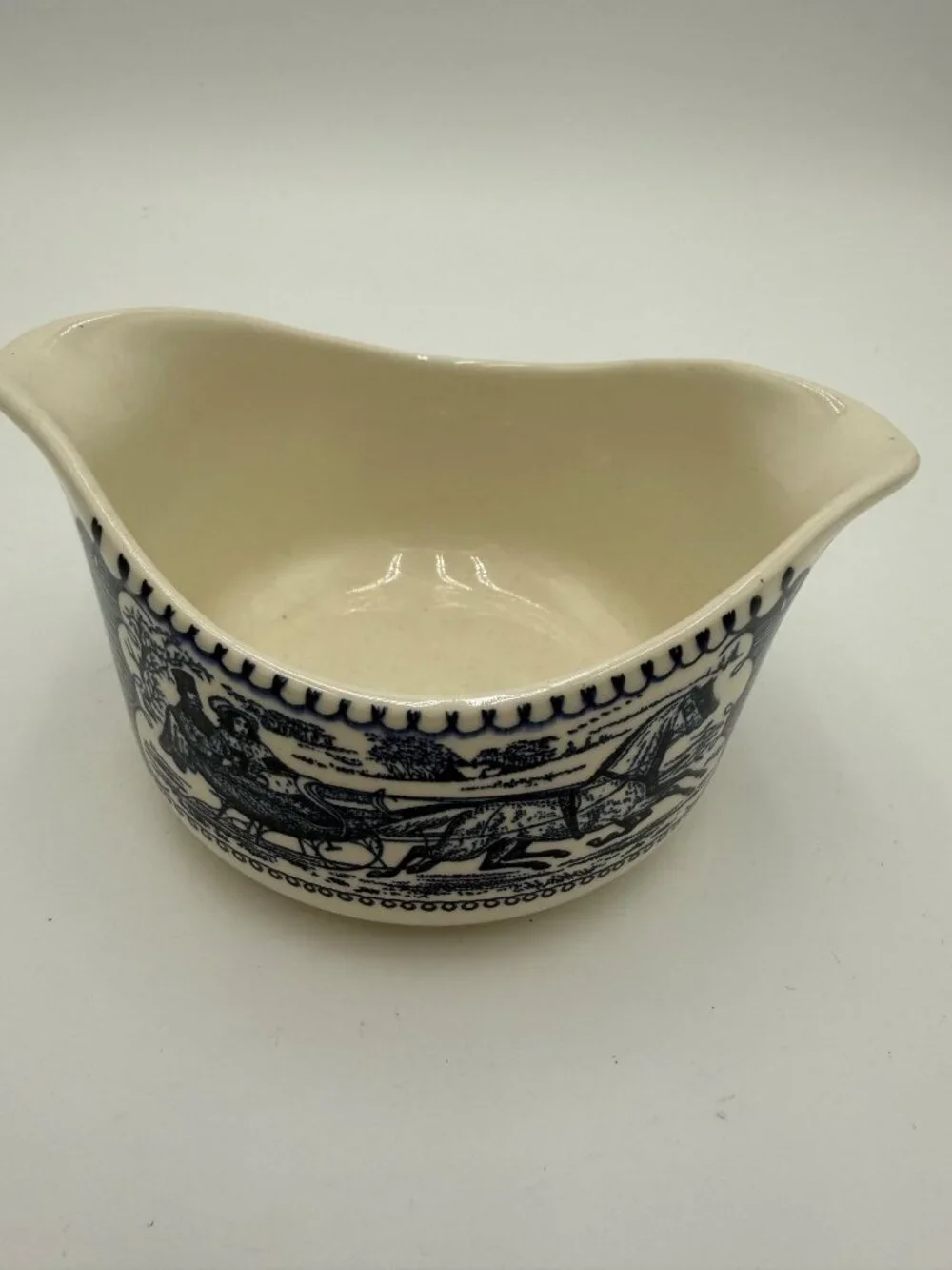 Currier Ives Blue White Ceramic Gravy Boat Coaching Scenic Design Made USa